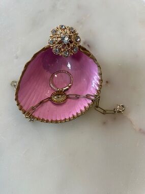 ONE OF A KIND Candy Pink Shell Trinket Tray w Golden Crystal Accent